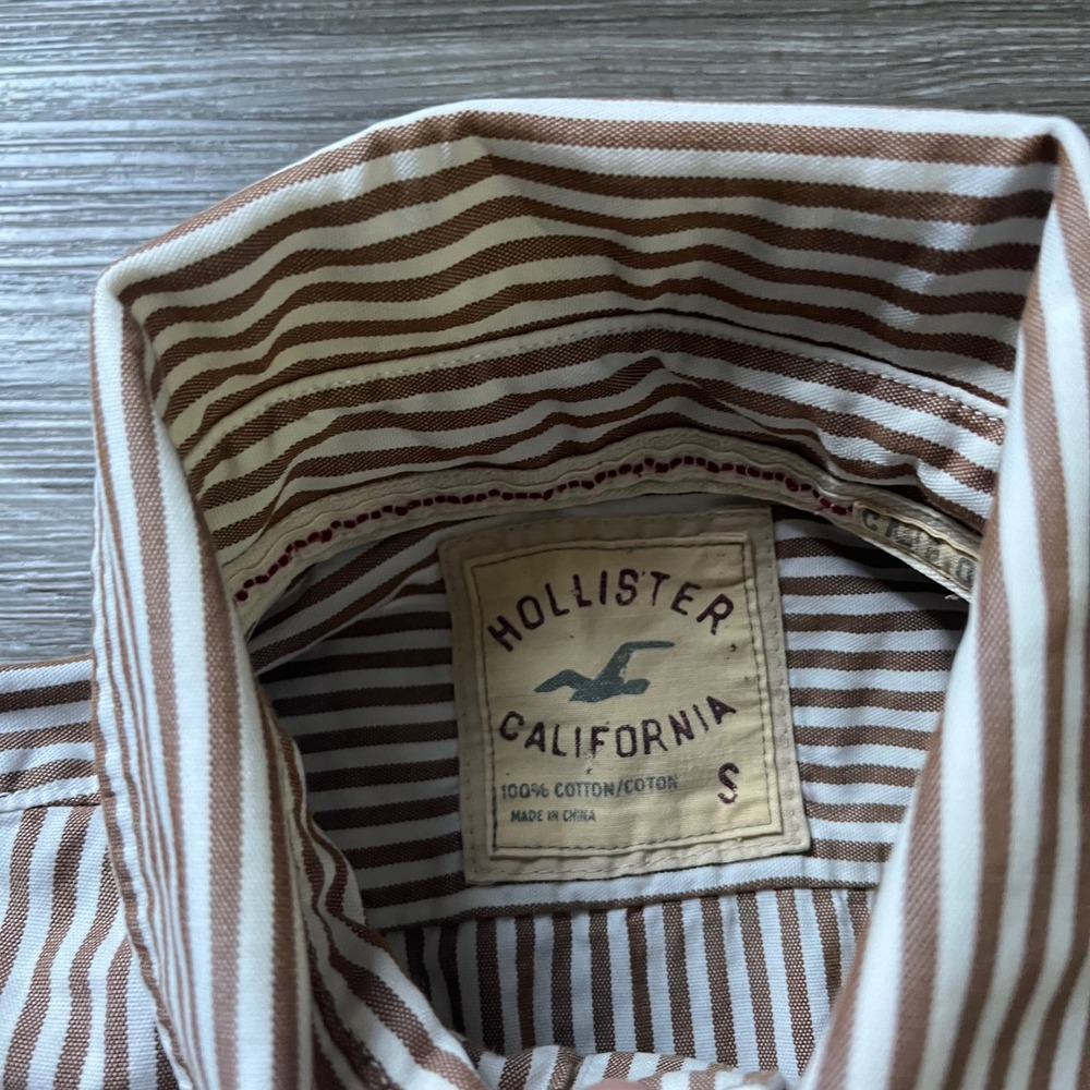 Hollister Mens Brown White Striped Cotton Button Down Shirt Small Long Sleeve - Picture 4 of 7